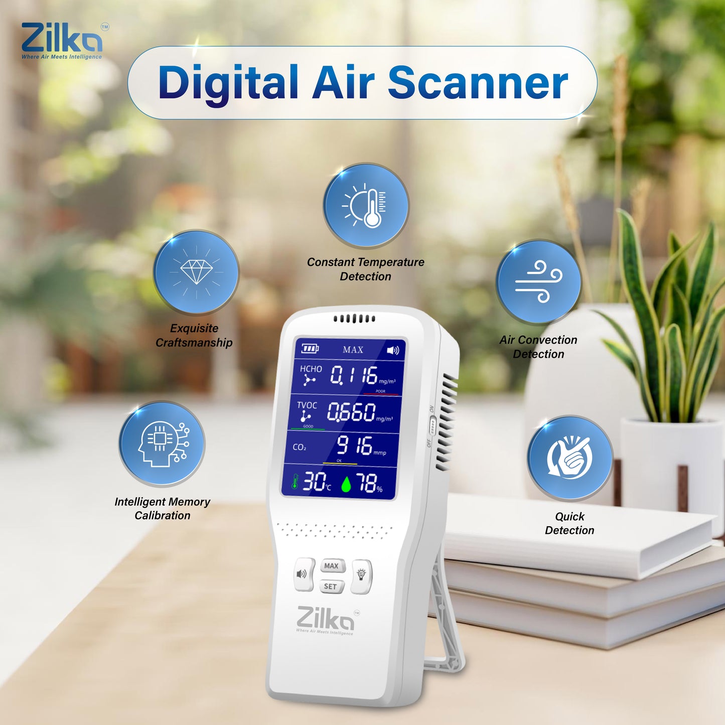Zilka Indoor Air Quality Monitor | 11-in-1 TVOC Gas Sensor, CO2, HCHO, PM, AQI with Temperature & Humidity | Type-C Rechargeable