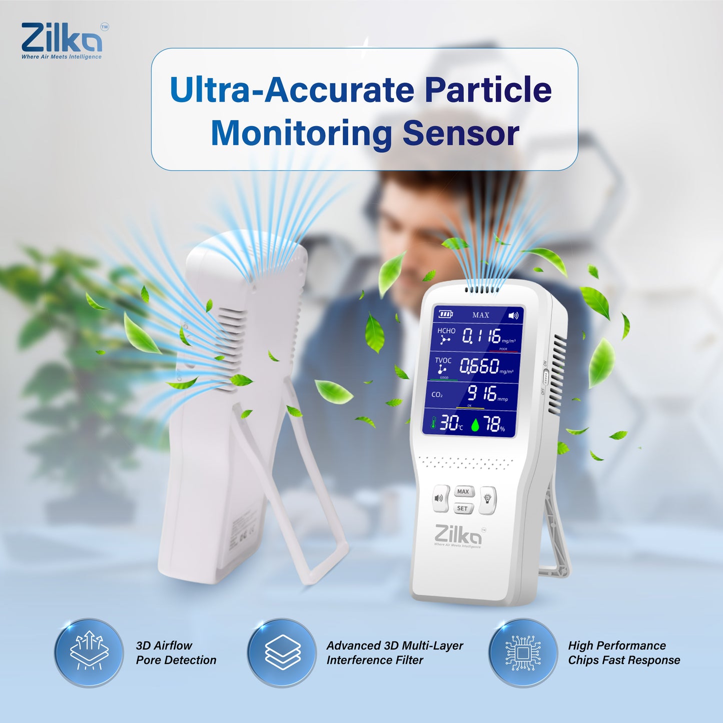 Zilka Indoor Air Quality Monitor | 11-in-1 TVOC Gas Sensor, CO2, HCHO, PM, AQI with Temperature & Humidity | Type-C Rechargeable