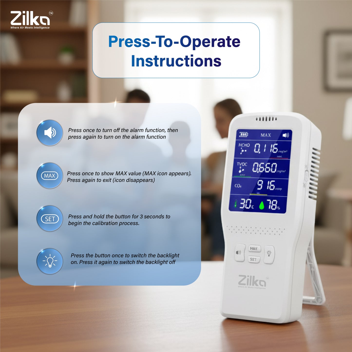Zilka Indoor Air Quality Monitor | 11-in-1 TVOC Gas Sensor, CO2, HCHO, PM, AQI with Temperature & Humidity | Type-C Rechargeable