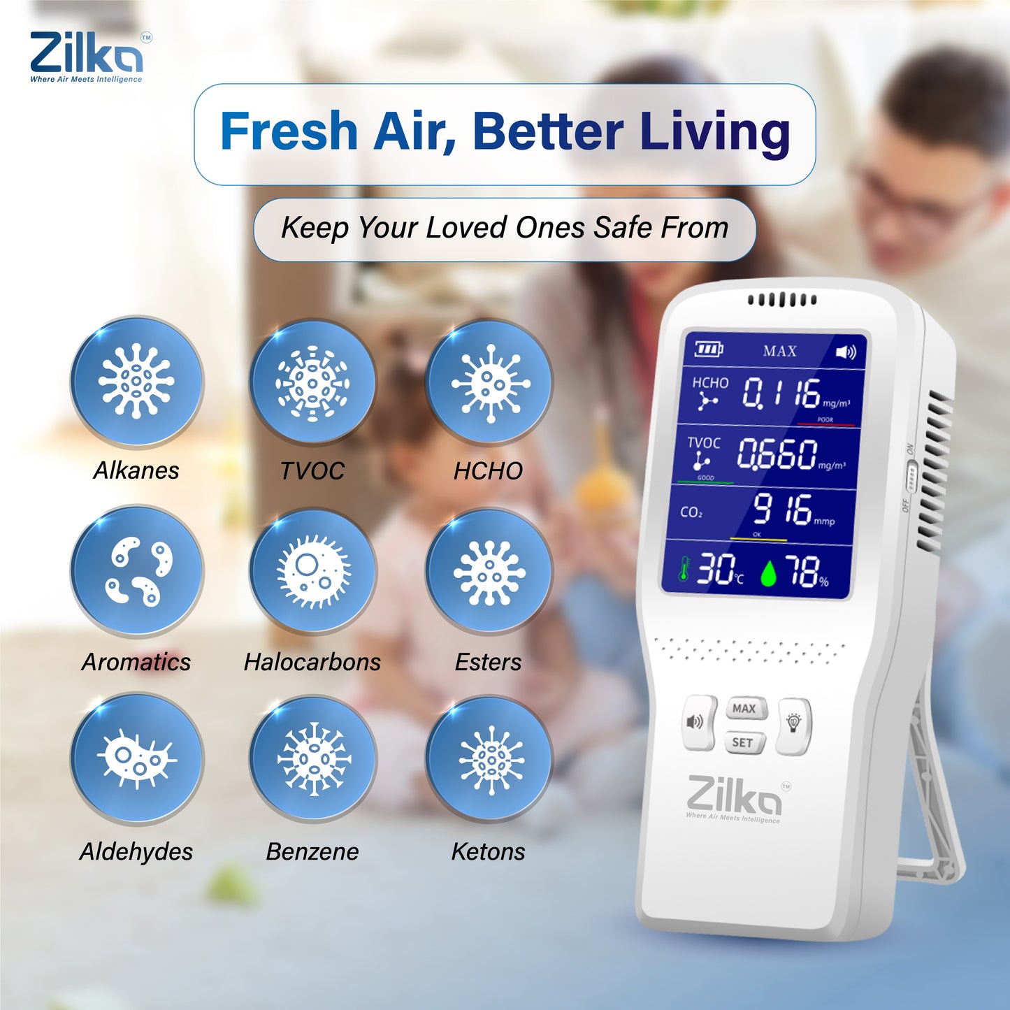 Zilka Indoor Air Quality Monitor | 11-in-1 TVOC Gas Sensor, CO2, HCHO, PM, AQI with Temperature & Humidity | Type-C Rechargeable
