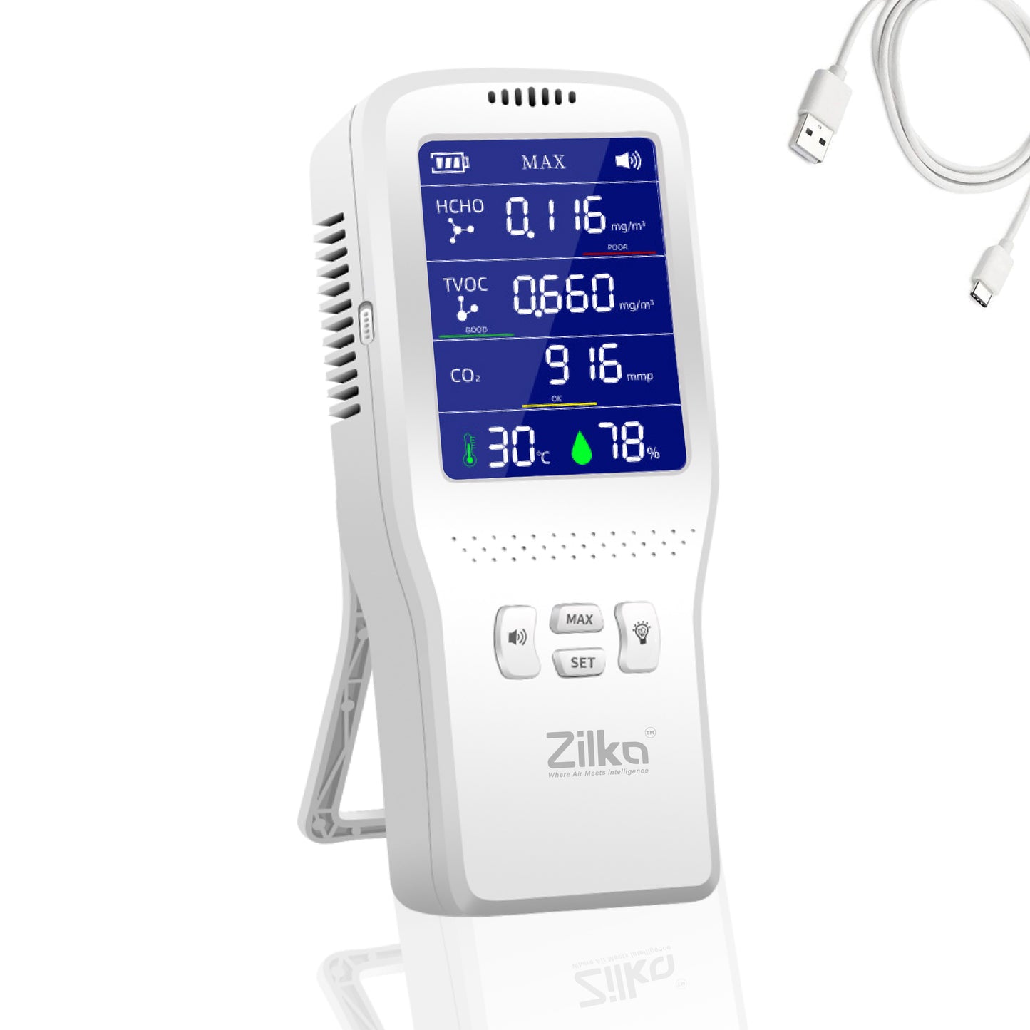 Zilka Indoor Air Quality Monitor | 11-in-1 TVOC Gas Sensor, CO2, HCHO, PM, AQI with Temperature & Humidity | Type-C Rechargeable
