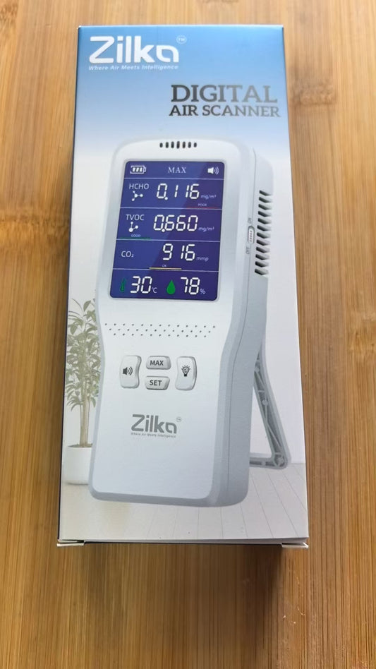 Zilka 11-in-1 Air Quality Monitor – AQI Pollution Meter with Blue LED Display,2000mAh Battery PM1/PM2.5/PM10 CO₂ CO TVOC ⁠HCHO Temperature Humidity
