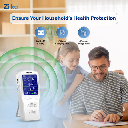 Zilka Indoor Air Quality Monitor | 11-in-1 TVOC Gas Sensor, CO2, HCHO, PM, AQI with Temperature & Humidity | Type-C Rechargeable