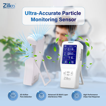 Zilka Indoor Air Quality Monitor | 11-in-1 TVOC Gas Sensor, CO2, HCHO, PM, AQI with Temperature & Humidity | Type-C Rechargeable