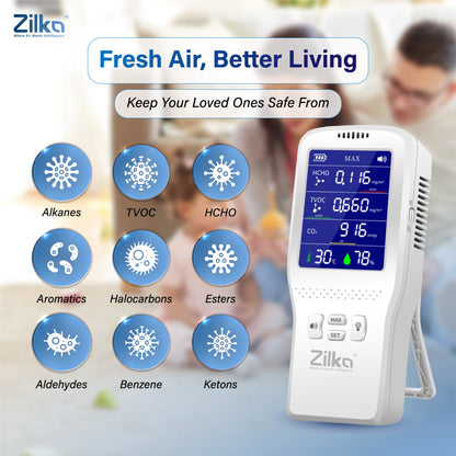 Zilka Indoor Air Quality Monitor | 11-in-1 TVOC Gas Sensor, CO2, HCHO, PM, AQI with Temperature & Humidity | Type-C Rechargeable