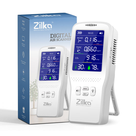 Zilka Indoor Air Quality Monitor | 11-in-1 TVOC Gas Sensor, CO2, HCHO, PM, AQI with Temperature & Humidity | Type-C Rechargeable