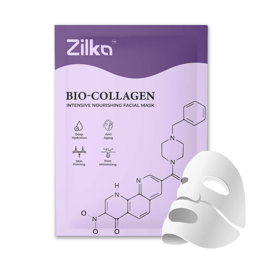 Zilka Bio-Collagen facial mask packaging with a white mask on a white background