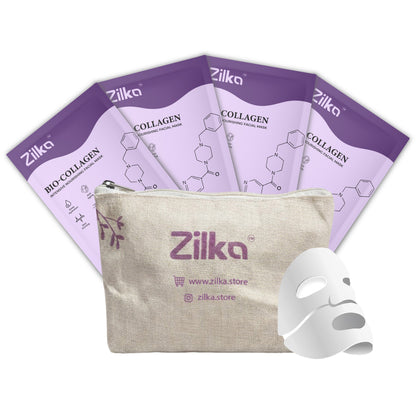 Zilka collagen face mask set with a pouch on a white background